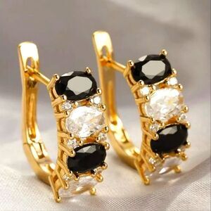 Black & White Diamond Hoop Earrings 18K Yellow Gold On 925 Silver